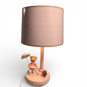 Vintage Pink Wood Table Lamp Girl Walking Dog Mid-Century Nursery 15" whimsy *